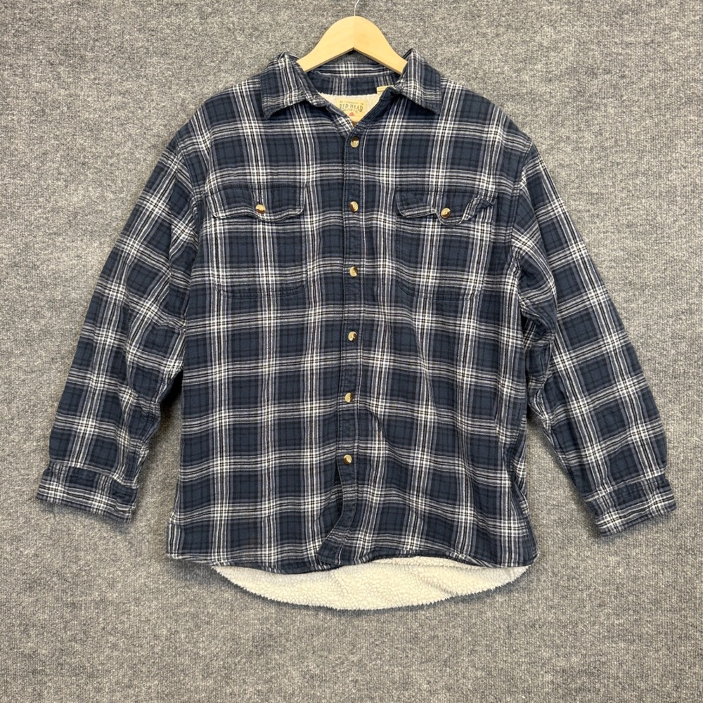 Red Head Brand Co. Mens Sz Large Sherpa Lined Shacket Navy Plaid Flannel Cotton
